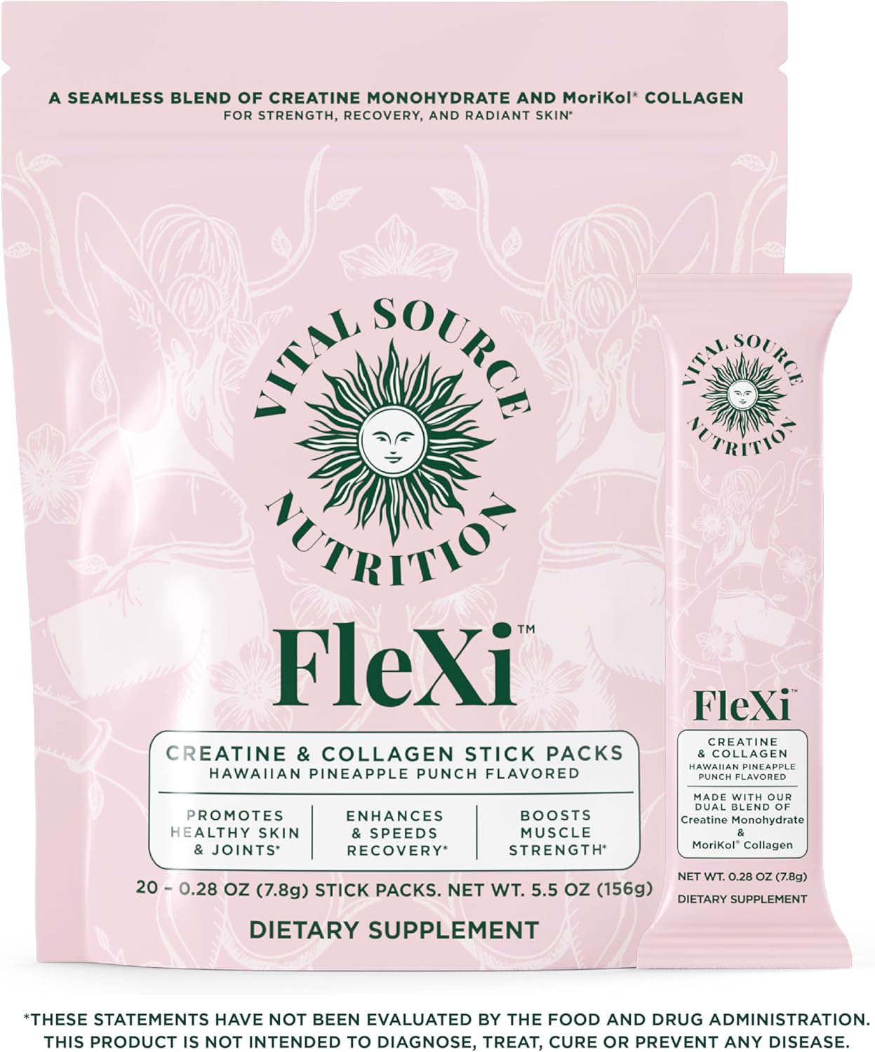 Vital Source Nutrition - Flexi - Creatine & Collagen Stick Packs - 5g Creatine Monohydrate + 1g MoriKol Collagen -Supports Strength, Recovery & Skin Health -20 Servings