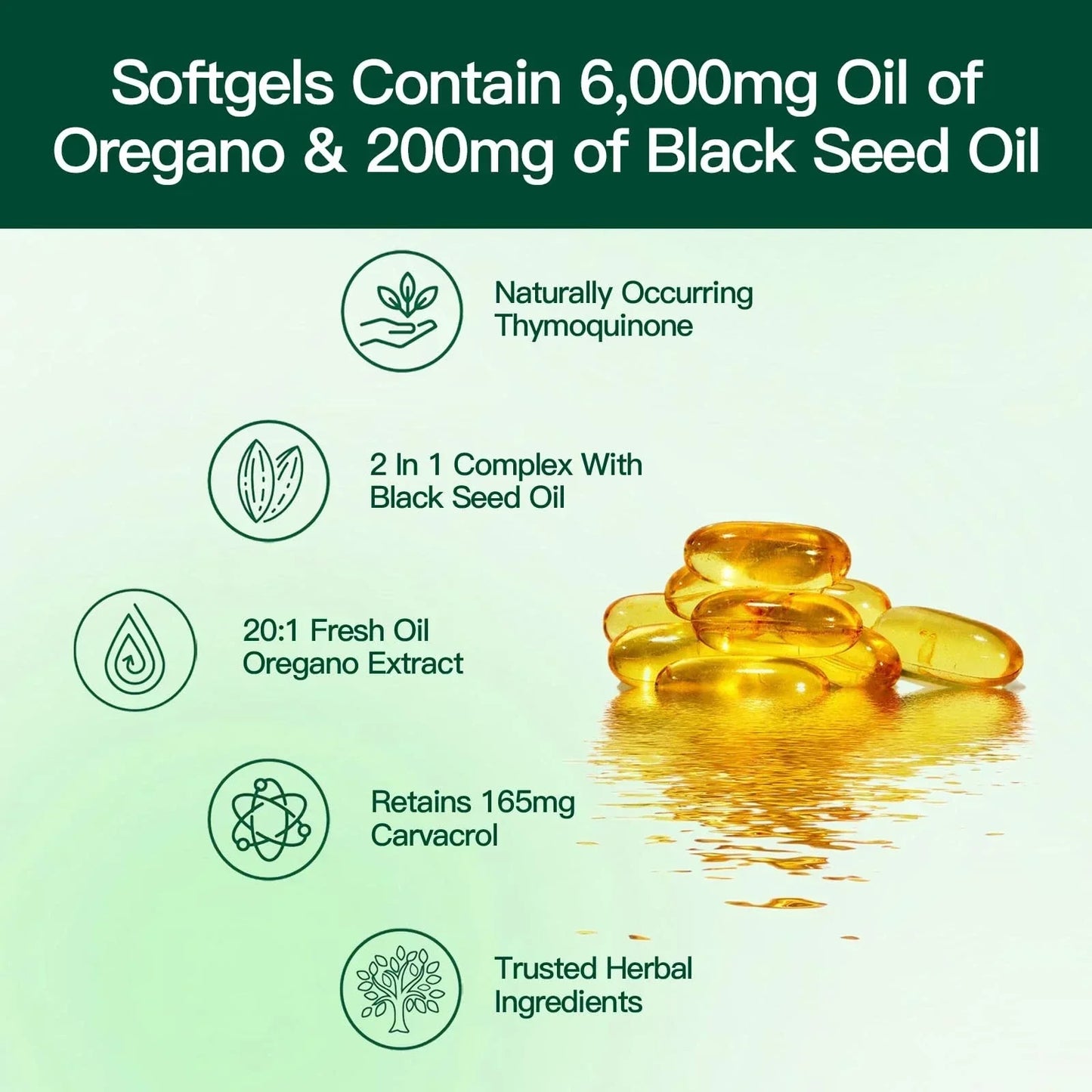 Aceite De Orégano En 300 Cápsulas Con Carvacrol y Timol Aceite De Semilla Negra 6200 mg