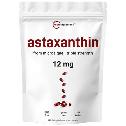 Cápsulas blandas de astaxantina de 12 mg de fuente de microalgas puras | Apoyo natural para la piel y el bienestar | 120 cápsulas blandas fáciles de tragar (suministro para 4 meses)