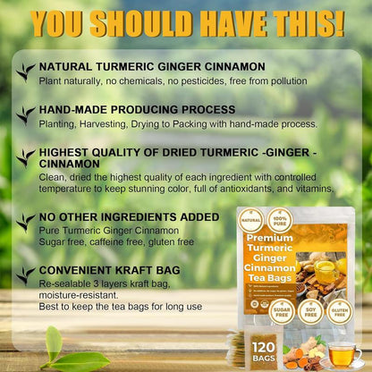 Turmeric Ginger Cinnamon Tea – 120 Bags | 100% Natural Herbal Blend for Wellness & Digestio.