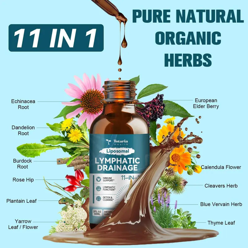 Liposomal Lymphatic Drainage Drops - 11 In 1 Organic Supplement with Burdock Root Echinacea Elderberry Calendula Cleavers Herb Dandelion Supports Lymphatic Health 2 FL.OZ Healthcare Natural