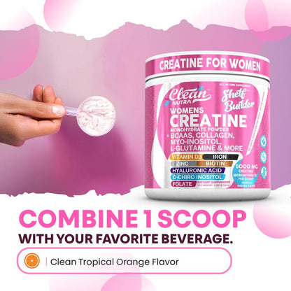 Clean Nutra Creatina en Polvo para Mujeres | Colágeno + BCAAs | Sabor Naranja