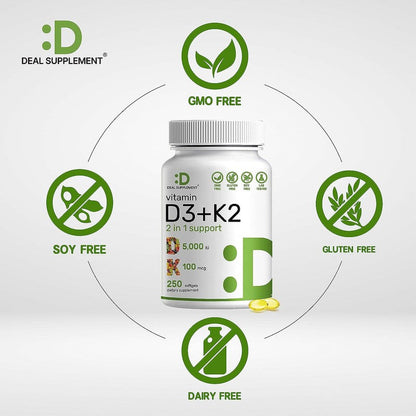 OFERTA COMPLEMENTO Vitamina D3 K2 5000UI Cápsulas Blandas, Complejo 2 en 1, 250 Unidades