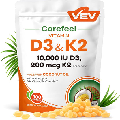 VEV Corefeel Vitamina D3 K2 10.000 UI, 200 mcg MK-7, 300 cápsulas blandas de aceite de coco, suplemento vitamínico 2 en 1 D y K (incluye MK7), fácil de tragar, apoya la absorción de calcio, salud ósea
