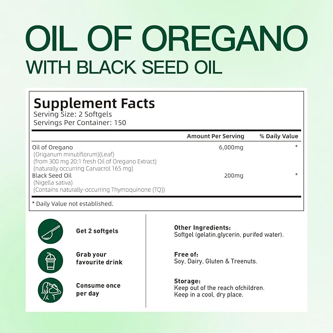 Oregano Oil 300 Capsules with Black Seed Oil | Natural Antioxidants for Fitness | Nutritional Support | Highly Effective Botanical Edible Food Supplement