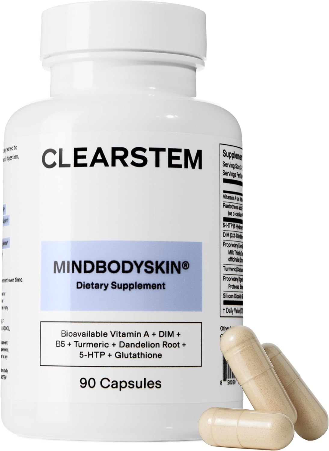 CLEARSTEM - Suplemento para el acné hormonal (5-HTP) - Suplemento natural de DIM - Vitaminas para el cuidado de la piel - Equilibrio hormonal, antioxidantes - Sin gluten, sin crueldad animal - 30 porciones, 90 cápsulas
