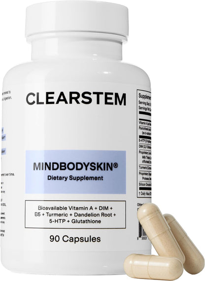 CLEARSTEM - Suplemento para el acné hormonal (5-HTP) - Suplemento natural de DIM - Vitaminas para el cuidado de la piel - Equilibrio hormonal, antioxidantes - Sin gluten, sin crueldad animal - 30 porciones, 90 cápsulas