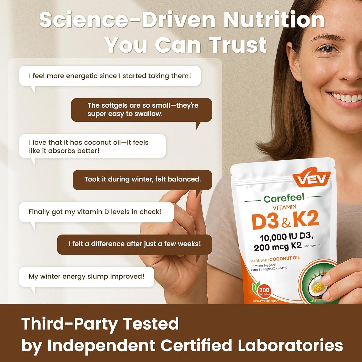 VEV Corefeel Vitamina D3 K2 10.000 UI, 200 mcg MK-7, 300 cápsulas blandas de aceite de coco, suplemento vitamínico 2 en 1 D y K (incluye MK7), fácil de tragar, apoya la absorción de calcio, salud ósea