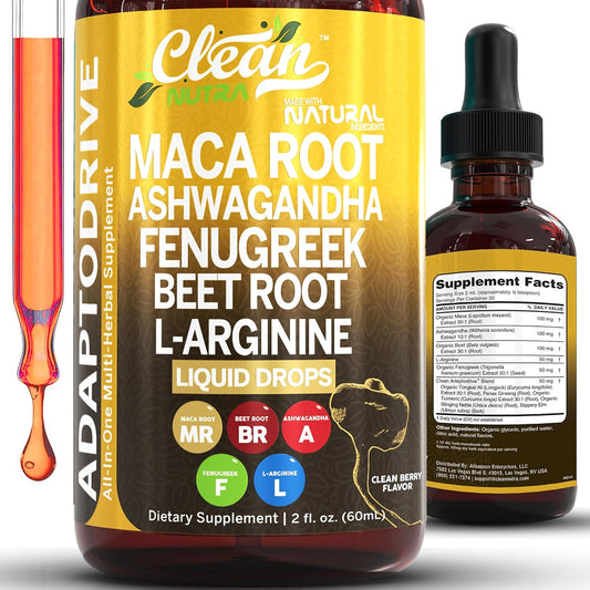 Gotas Líquidas de Raíz de Maca Orgánica con Ashwagandha, Fenogreco, Raíz de Remolacha y L-Arginina – Multivitamínico Líquido para Mujeres y Hombres – Adapto Drive