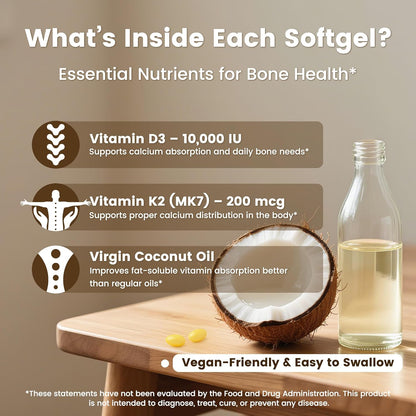 VEV Corefeel Vitamina D3 K2 10.000 UI, 200 mcg MK-7, 300 cápsulas blandas de aceite de coco, suplemento vitamínico 2 en 1 D y K (incluye MK7), fácil de tragar, apoya la absorción de calcio, salud ósea