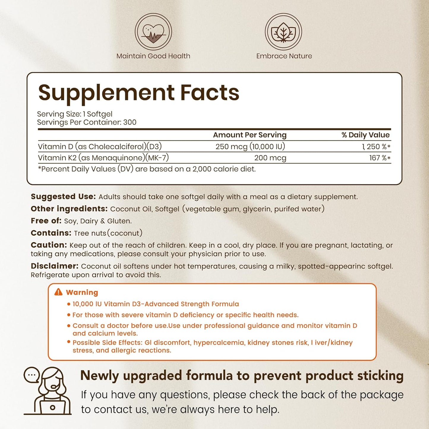 VEV Corefeel Vitamina D3 K2 10.000 UI, 200 mcg MK-7, 300 cápsulas blandas de aceite de coco, suplemento vitamínico 2 en 1 D y K (incluye MK7), fácil de tragar, apoya la absorción de calcio, salud ósea