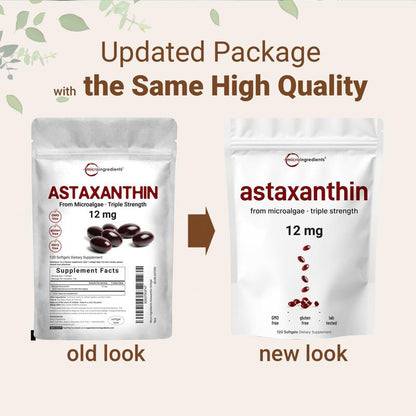 Cápsulas blandas de astaxantina de 12 mg de fuente de microalgas puras | Apoyo natural para la piel y el bienestar | 120 cápsulas blandas fáciles de tragar (suministro para 4 meses)