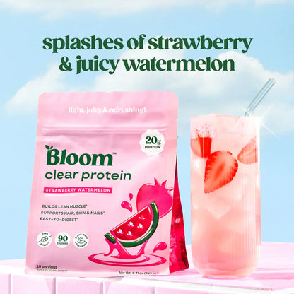 Bloom Nutrition Clear Protein - Mezcla de proteína de suero de leche clara y colágeno | 20 g de proteína, 90 calorías, 0 g de azúcar, bebida frutal ligera y refrescante | Proteína para mujeres