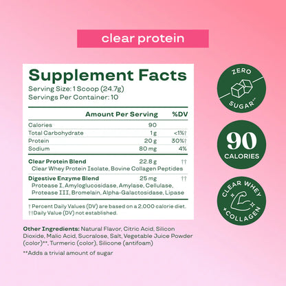 Bloom Nutrition Clear Protein - Mezcla de proteína de suero de leche clara y colágeno | 20 g de proteína, 90 calorías, 0 g de azúcar, bebida frutal ligera y refrescante | Proteína para mujeres