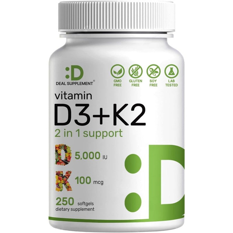 OFERTA COMPLEMENTO Vitamina D3 K2 5000UI Cápsulas Blandas, Complejo 2 en 1, 250 Unidades