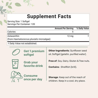 Cápsulas blandas de astaxantina de 12 mg de fuente de microalgas puras | Apoyo natural para la piel y el bienestar | 120 cápsulas blandas fáciles de tragar (suministro para 4 meses)