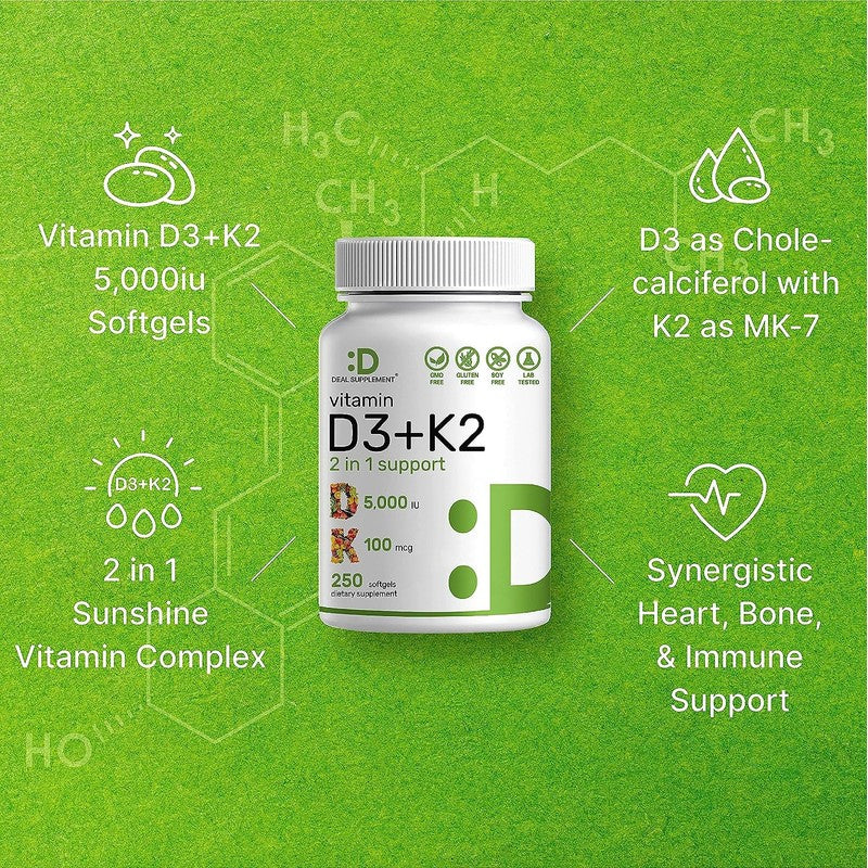 OFERTA COMPLEMENTO Vitamina D3 K2 5000UI Cápsulas Blandas, Complejo 2 en 1, 250 Unidades