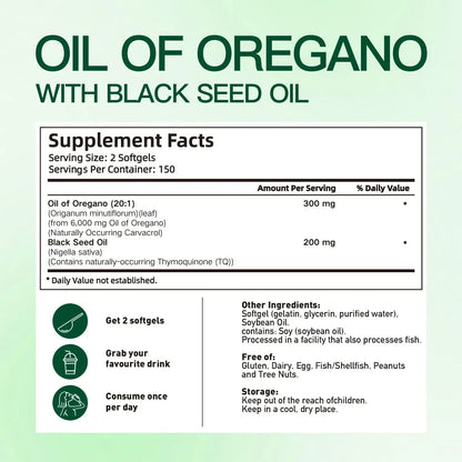 Aceite De Orégano En 300 Cápsulas Con Carvacrol y Timol Aceite De Semilla Negra 6200 mg