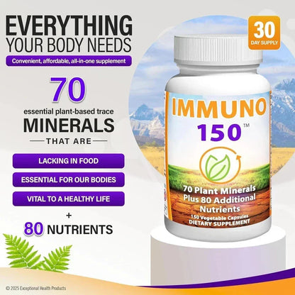 Immuno 150, suplemento de apoyo inmunológico, repleto de 70 minerales de plantas, 13 vitaminas esenciale