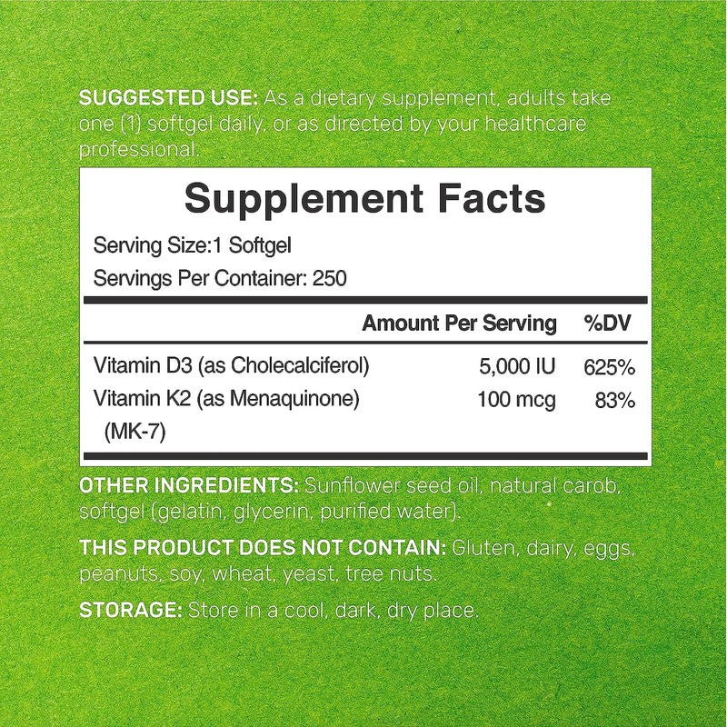 OFERTA COMPLEMENTO Vitamina D3 K2 5000UI Cápsulas Blandas, Complejo 2 en 1, 250 Unidades